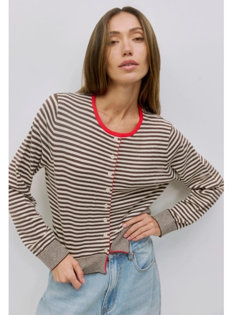 böhme Brown&Cream Striped Cardigan with Red Trim